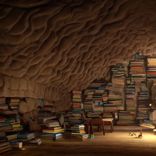Image similar to cave full of books, 3 d render, incredible details, highly detailed, photorealistic, disney pixar, smooth, octane render, iridescent, 8 k