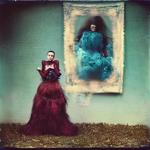 Prompt: kodak portra 4 0 0, wetplate, photo of a surreal artsy dream scene,, girl, weird fashion, grotesque, extravagant dress, carneval, animal, wtf, photographed by paolo roversi style