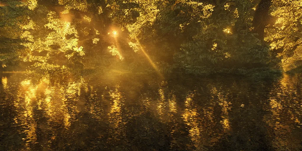 Image similar to a river in a forest, golden hour, ray tracing reflection, 8k, hyper realistic, elegant, highly detailed, ornate, beautifully lit, ray traced, octane render