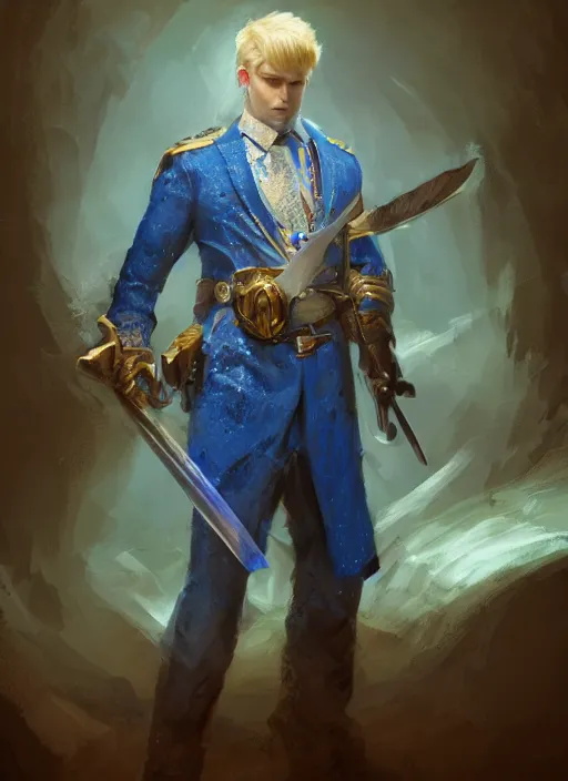 Image similar to portrait of a man in a blue suit with blond hair holding a sword and pistol in holster, fantasy, d & d, heartstone, digital painting, volumetric light, intricate, sharp, focus, bloom, illustration, highly detailed, concept art, matte, ruan jia, randy vargas, greg rutkowski