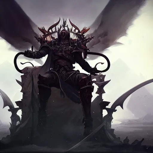 Prompt: Lord from hell on the throne, black eyes, swords, league of legends wallpapers, piotr jablonski, greg rutkowski