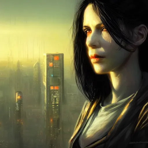 Prompt: portrait of a young beautiful cyberpunk woman, eye implants, black hair, sunset, neuromancer, cyberpunk city background, megacity, gorgeous view, depth, painted by seb mckinnon, high detail, digital art, painted by greg rutkowski, trending on artstation