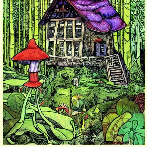 Prompt: sticker of a home in the forest, highly detailed, trippy colors, exaggerated details, psychedelic mushrooms, by will eisner