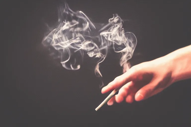 Image similar to A photo of thin soft hand holding cigarette with smoke, hyper realistic, black background