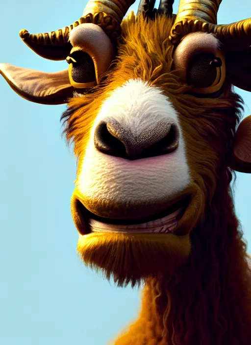 Prompt: anthropomorphic portrait of will smith as a goat, au naturel, hyper detailed, digital art, trending in artstation, cinematic lighting, studio quality, smooth render, unreal engine 5 rendered, octane rendered, art style by klimt and nixeu and ian sprigger and wlop and krenz cushart and pixar and riot and love death & robots