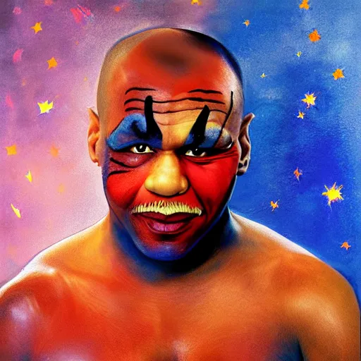 Prompt: UHD photorealistic Cosmic Mike Tyson wearing a clown costume with real clown makeup in the style of tonalism