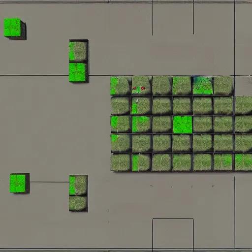 Prompt: cs : go minimap, layout of map, 2 character spawn locations on opposite sides of map, 2 objective sites, items fir characters to hide behind on objective sites, walkways that connect spawns and objective sites, overhead view of map, wireframe design of map