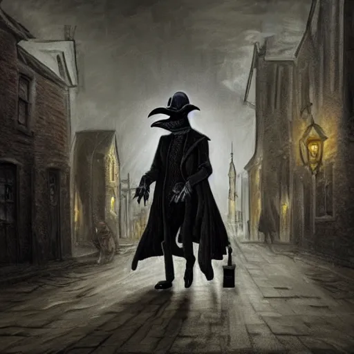 Image similar to a plague doctor walks through a Victorian city, dark atmosphere, detailed, dark Colors