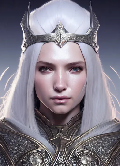 Image similar to light opal armor!!! long wild white hair!! covered chest!!! fantasy, d & d, intricate ornate details, symmetry, concept art, sharp focus, illustration, art by artgerm! greg rutkowski magali villeneuve wlop! ilya kuvshinov!!, octane render, unreal engine 5, highly rendered!!