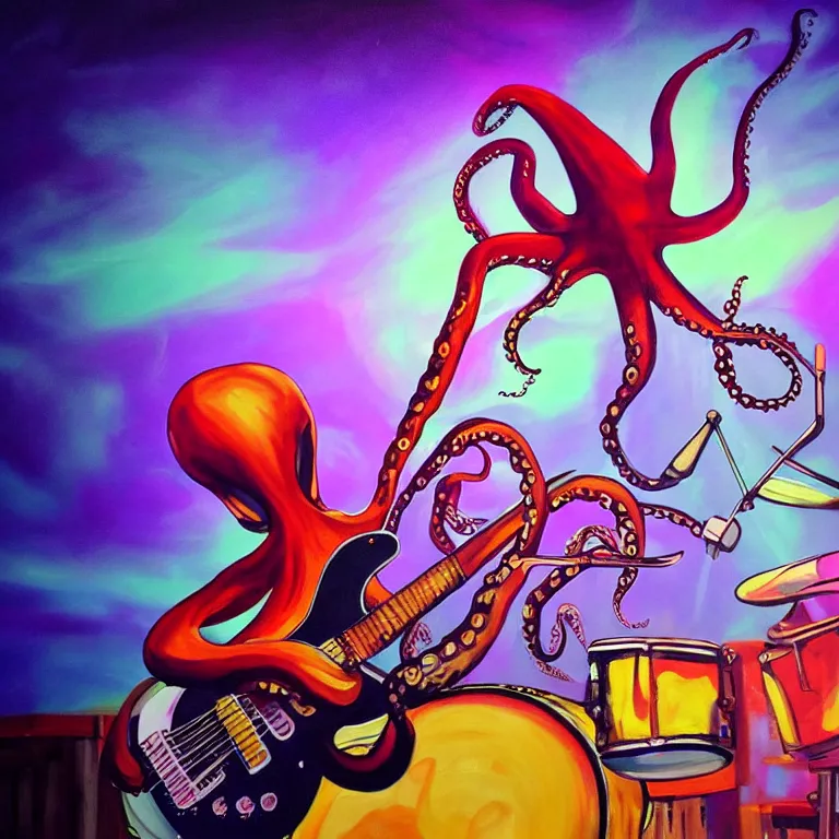 Prompt: a beautiful painting by robbie trevino of a couple of octopus playing drums and telecaster guitar in an electronic concert, touch designer projection background, concert light, dark mood, warm lights