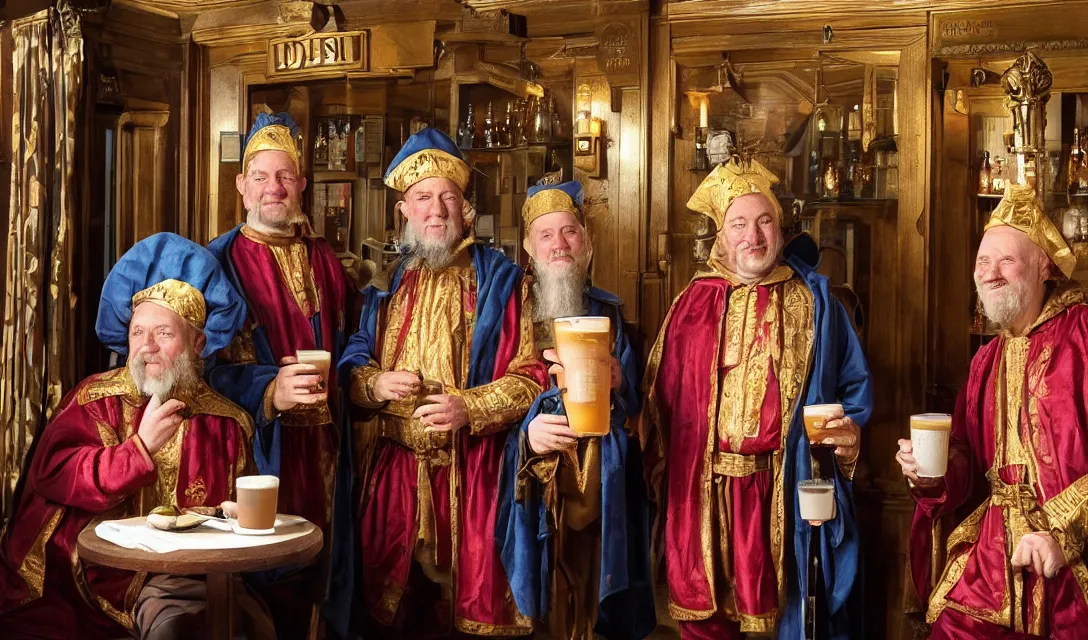 Image similar to the three wise men in period regal clothing in a wetherspoons pub having a pint