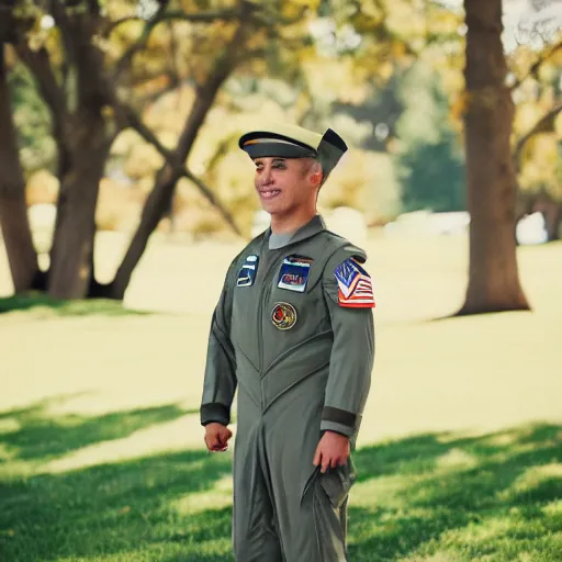 Image similar to a Fox dressed in a modern American military jet pilot uniform, 85mm f/1.4