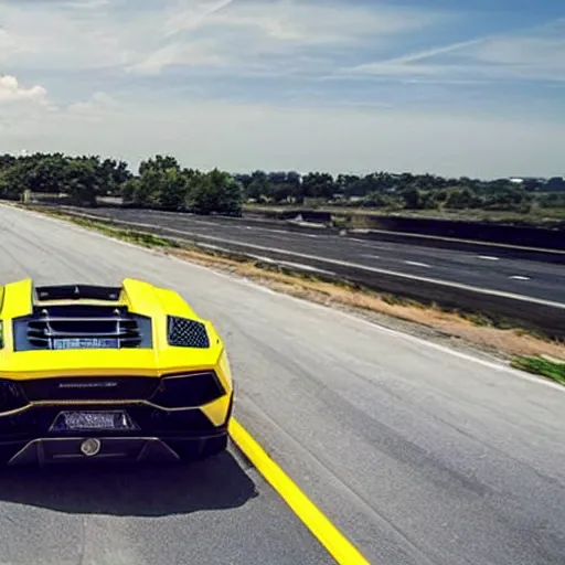 Image similar to Lamborghini driving on highway with three banana peels following directly behind it