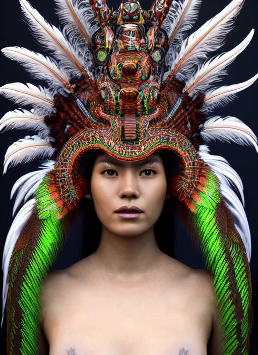Image similar to 3 d mexican goddess medium shot portrait. beautiful intricate highly detailed quetzalcoatl helm and feathers. low - key lighting, bioluminescent, plasma, lava, ice, water, wind, stingray, magpie, creature, artwork by tooth wu and wlop and and annie leibovitz, 8 k trending on artstation,
