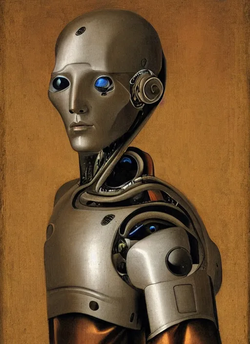 Prompt: a portrait of a robot cyborg by Petrus Christus, renaissance style