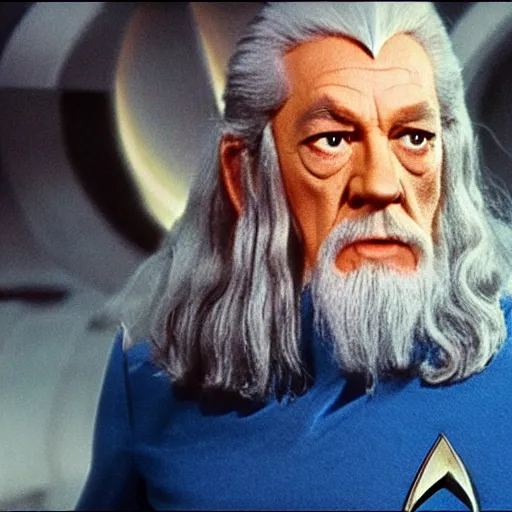 Image similar to A still of Gandalf as Captain Kirk on Star Trek, sharp focus, high quality, 4k