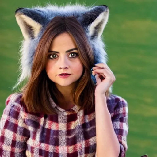 Image similar to jenna coleman with fox ears and fox facial features, furry face, close - up, headshot, detailed, symmetric
