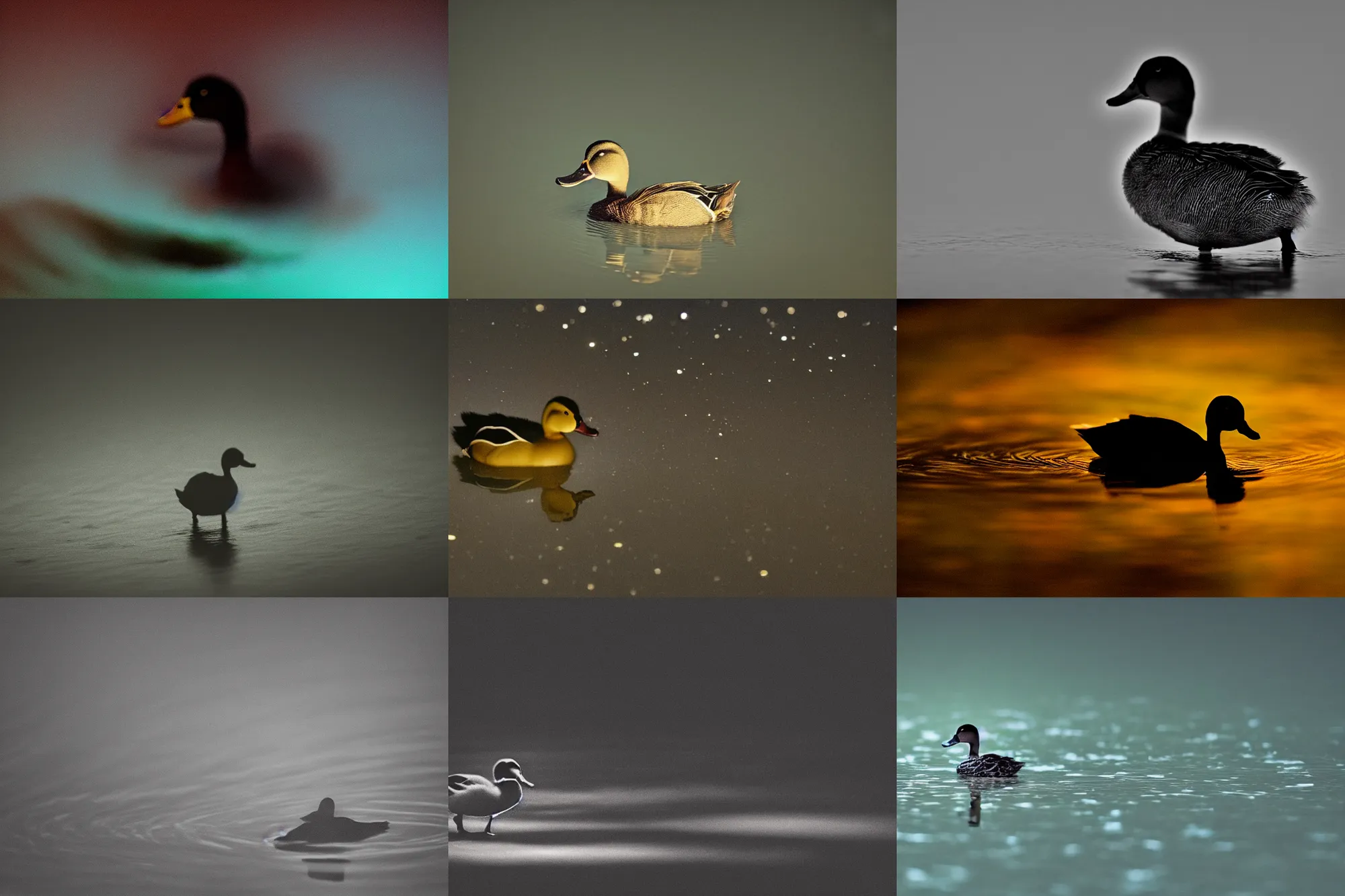 Prompt: a blurry image of a duck in the dark, a microscopic photo by ker - xavier roussel, featured on flickr, art photography, flickering light, macro photography, luminescence