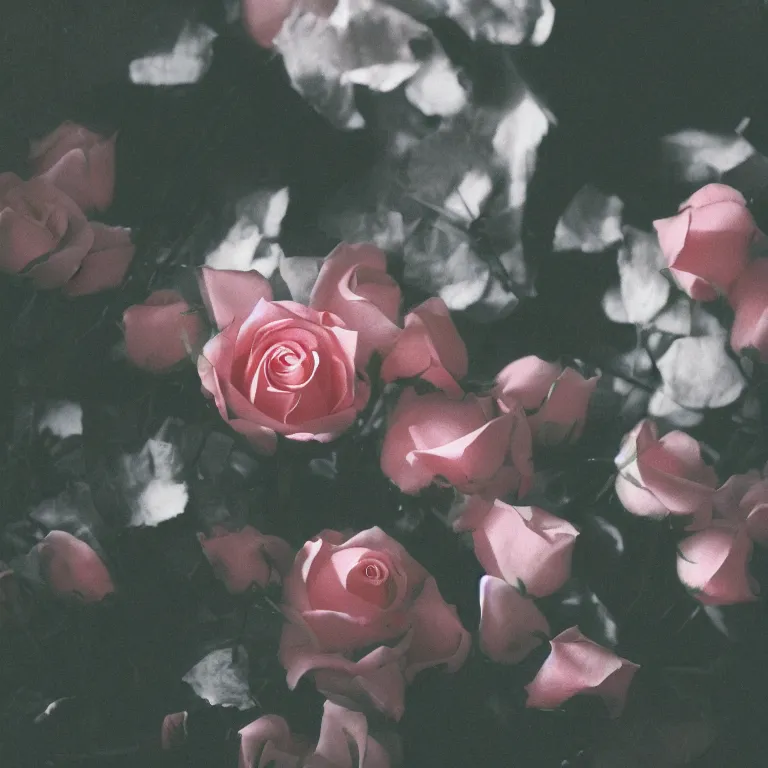 Image similar to chrome flowers in the terrarium, film photo, soft lighting album cover, nostalgia, rose gradient