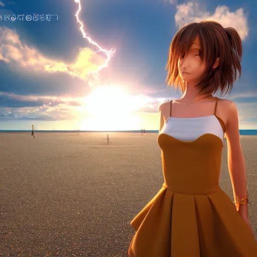 Image similar to Render of a very beautiful 3d anime girl, long hair, hazel eyes, cute freckles, full round face, short smile, cute sundress, golden hour, serene beach setting, cinematic lightning, medium shot, mid-shot, highly detailed, trending on Artstation, Unreal Engine 4k, cinematic wallpaper