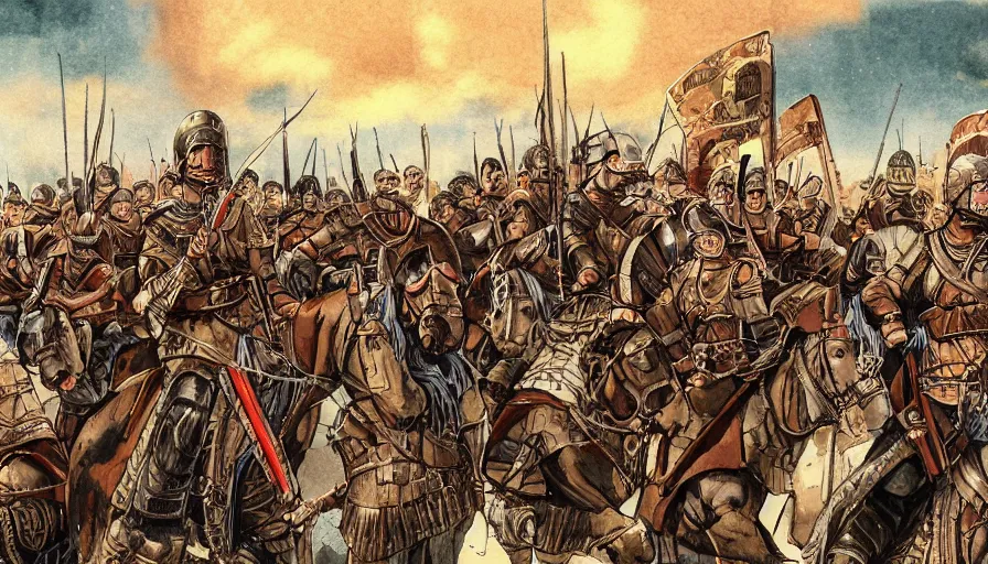 Prompt: a roman army by yasuhisa hara, manga with color artstyle, war landscape