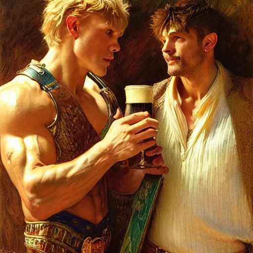 Image similar to attractive muscular arthur pendragon and muscular attractive merlin go to a pub together to have some drinks. highly detailed painting by gaston bussiere, craig mullins, j. c. leyendecker, alphonse mucha 8 k