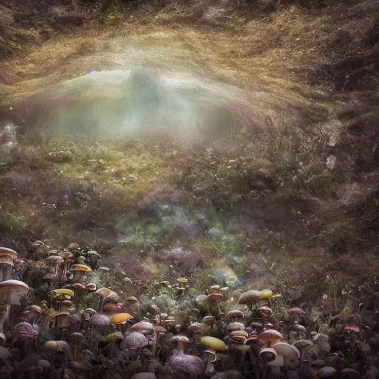 Image similar to a planet of various fungus, mushrooms and plants, inside the picture is infinity, Atmospheric phenomenon, artistic photography, muted colors, conceptual, long exposure outside the city, volumetric light