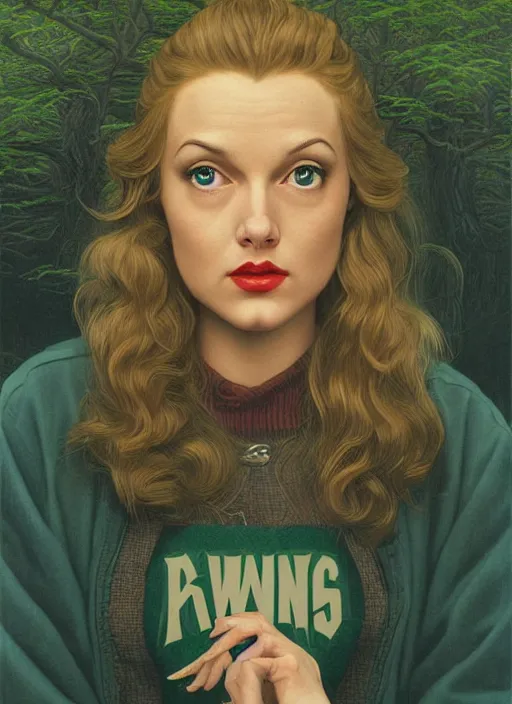 Image similar to twin peaks poster art, from scene from twin peaks, by michael whelan, rossetti bouguereau, artgerm, retro, nostalgic, old fashioned, portrait of talyor swift cheerleader