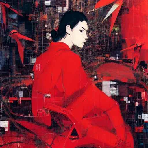 Image similar to portrait of a daydreaming melancholic latina woman in red habit being progressively rasterized into virtual pixels, she is surrounded by digital birds and a giant loving neon mecha robot is beside her, oil on canvas by yoji shinkawa, esao andrews and dave mckean