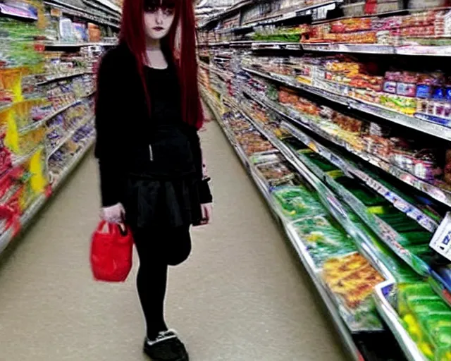 Image similar to poor quality digital photo of a goth emo girl at tesco, 2 0 0 7