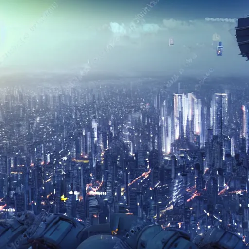 Image similar to gigantic city seen from spce with cinematic light, 8 k landscape render, space japan mech in the space