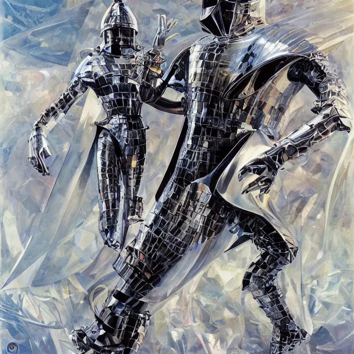 Prompt: teutonic knight, full body, high fashion, latex, futurist, aerodynamic, metallic, sharp, flowing, slick, highly detailed, motion, concept art, smooth, sharp focus, hd, art by alex grey and john berkey and annie leibovitz