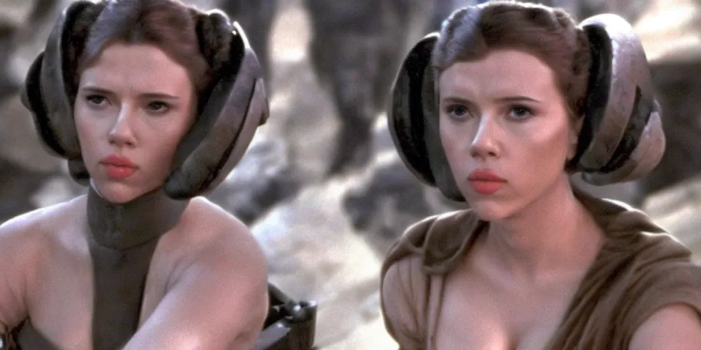 Image similar to Scarlett Johansson playing Princess Leia in a scene from Return of the Jedi