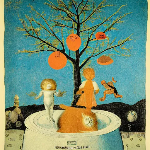Prompt: luminus otherworldly alien pool blob ginger cat bread beech tree canteen, by andy warhol and henriette grindat and hieronymus bosch, constructivism, child's drawing, fine art