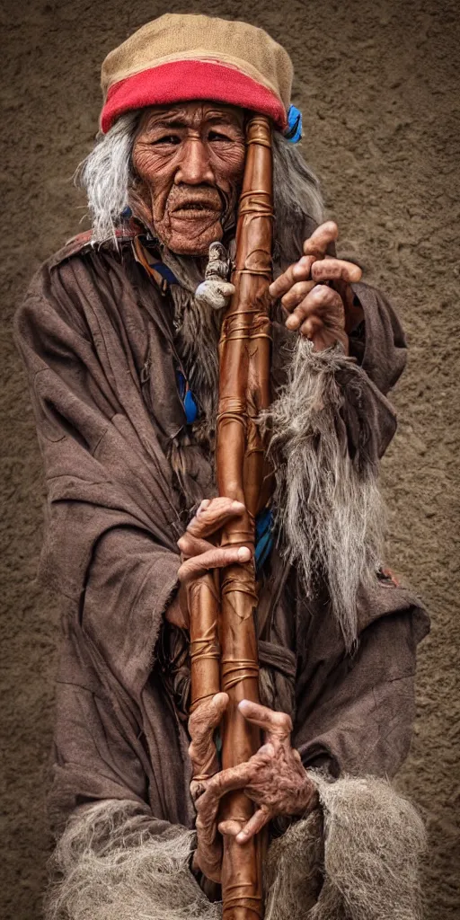 Prompt: Bolivian old man playing a quena wind instrument, unreal 5, hyper realistic, realistic, photo realistic, dynamic lighting, highly detailed, cinematic landscape, studio landscape, studio lighting