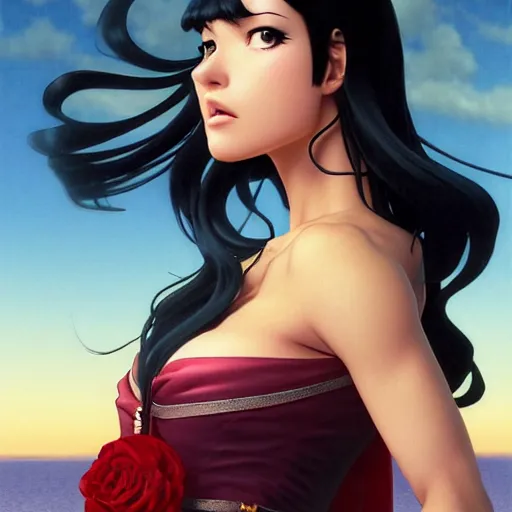 Image similar to highly detailed vfx portrait of nico robin by eiichiro oda!, yusuke murata, magali villeneuve, greg rutkowski, makoto shinkai, tom bagshaw, alphonse mucha, sharp focus, art by artgerm and stanley kubrick, backlit, johannes vermeer, fiona staples, harsh overhead sunlight,