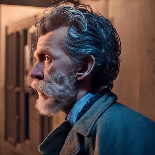 Image similar to tom holland as a rough dirty old man with a scruffy beard in a dark blue trenchcoat as the new doctor who, cinematic, volumetric lighting, f 8 aperture, cinematic eastman 5 3 8 4 film, photorealistic