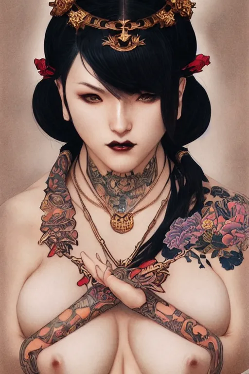 Image similar to portrait of goth Chun Li with yakuza tattoos, Street fighter, intricate, elegant, highly detailed, digital painting, artstation, concept art, smooth, sharp focus, illustration, art by artgerm and greg rutkowski and alphonse mucha and william-adolphe bouguereau