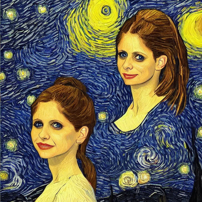 Prompt: An oil painting of Sarah Michelle Gellar in the style of Starry Night by Vincent van Gogh