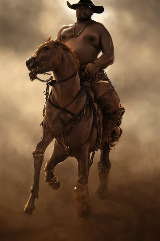 Prompt: a beautiful dramatic epic painting of a thicc chunky beefy shirtless handsome black man | he is wearing a leather harness and cowboy hat | prairie setting, dust clouds | homoerotic, highly detailed, dramatic lighting | by Mark Maggiori, by William Herbert Dunton, by Charles Marion Russell | trending on artstation