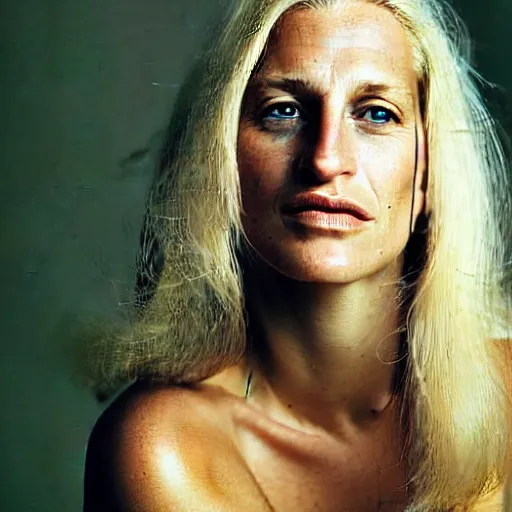 Image similar to portrait photograph by annie leibovitz of olive skinned blonde female in her thirties wearing designer clothes