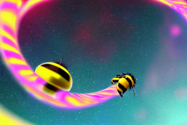 Image similar to bumble bee flying through a glowing ring descending upon the earth, psychedelic landscape, trending on artstation, featured on deviantart, award winning digital artwork art