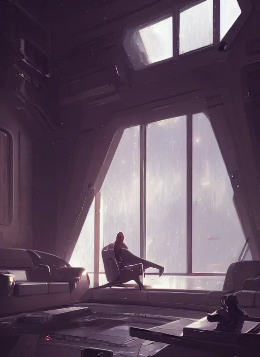 Image similar to scifi, futuristic, sharp clear focus livingroom room large window, evening, illuminated, highly detailed, artstation, by greg rutkowski