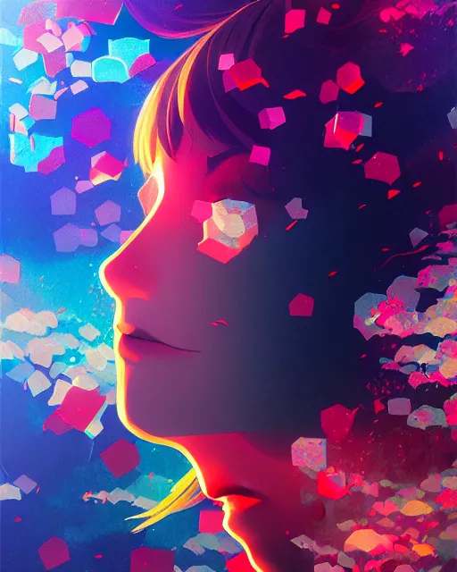 Prompt: shattering geometric acrylic smoke portrait, underwater bubbly double exposure goddess floral sakura storm, warm painting by leiji matsumoto and alena aenami