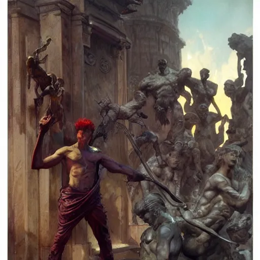 Image similar to Roguish Picaro Dsurion stands at the gates of Hades Hand Crafted By Rodin. Painting by greg rutkowski Donato Giancola Jeff Simpson norman rockwell stamp watercolor