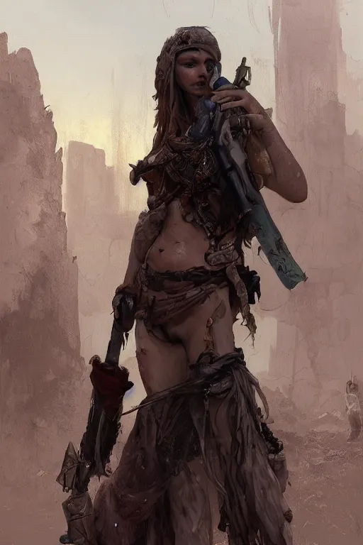 Image similar to a full body portrait of a beautiful post apocalyptic offworld police district bedouin blind pulp fiction scarlet wild rogue barbarian leper begging by the roadside, intricate, elegant, highly detailed, digital painting, artstation, concept art, smooth, sharp focus, illustration, art by krenz cushart and artem demura and alphonse mucha