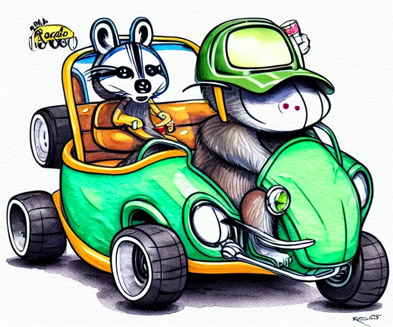 Image similar to cute and funny, racoon wearing a helmet riding in a tiny hot rod golf cart with oversized engine, ratfink style by ed roth, centered award winning watercolor pen illustration, isometric illustration by chihiro iwasaki, edited by range murata