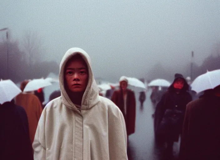 Prompt: common people wearing white feather coat, heads of wooden of bird face, grey skies rain, dusk, neutral color 1 9 9 0 a documentary realistic reportage photo photo, 8 k, cinestill, bokeh, soft focus, grain gelios lens, grain kodak, reportage