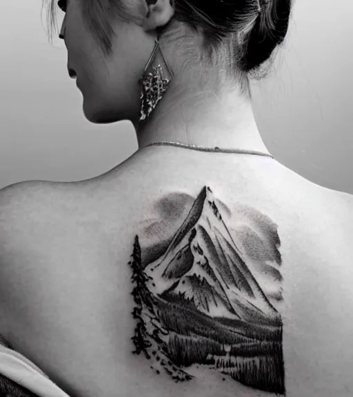 Prompt: tattoo design sketch of an extremely beautiful woman face with a stunning mountain view faded background on her side, hyper - realistic, double exposure, in the style of matteo pasqualin, amazing detail, black and white, faded