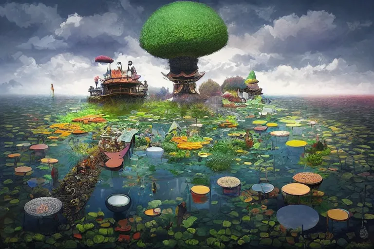 Image similar to surreal onsen kingdom, floating island in the sky, waterpipes in the ground, summer morning, very coherent and colorful high contrast, art by!!!! gediminas pranckevicius!!!!, geof darrow, dark shadows, hard lighting